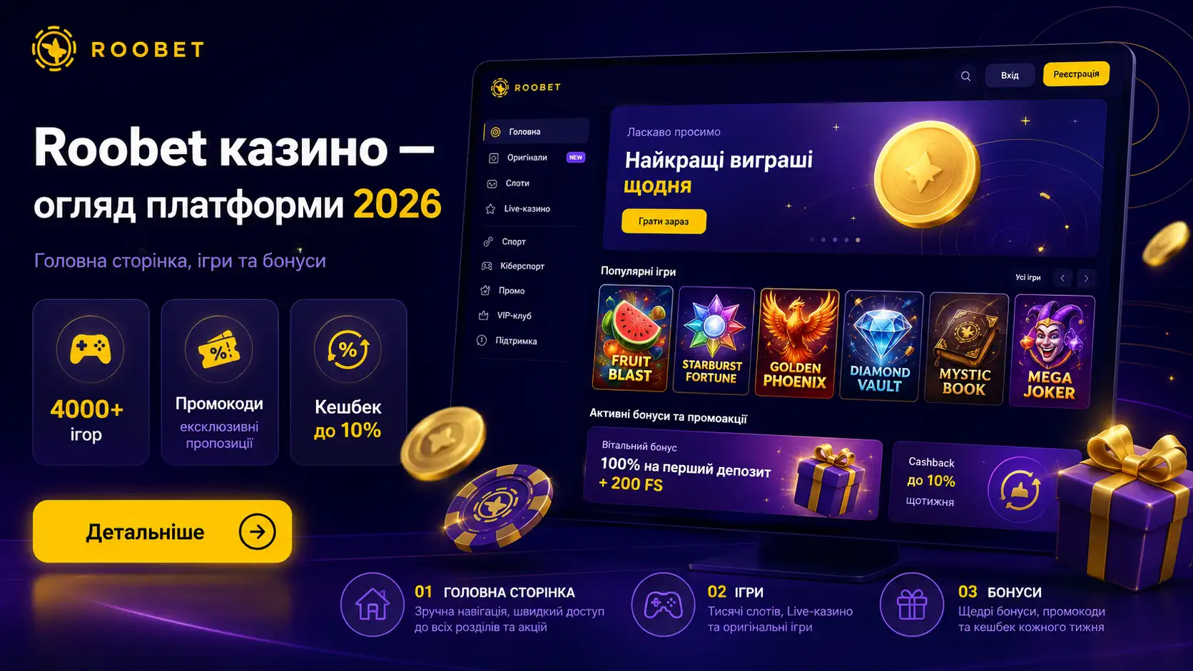 Roobet казино &mdash; огляд платформи 2026: головна сторінка, ігри та бонуси