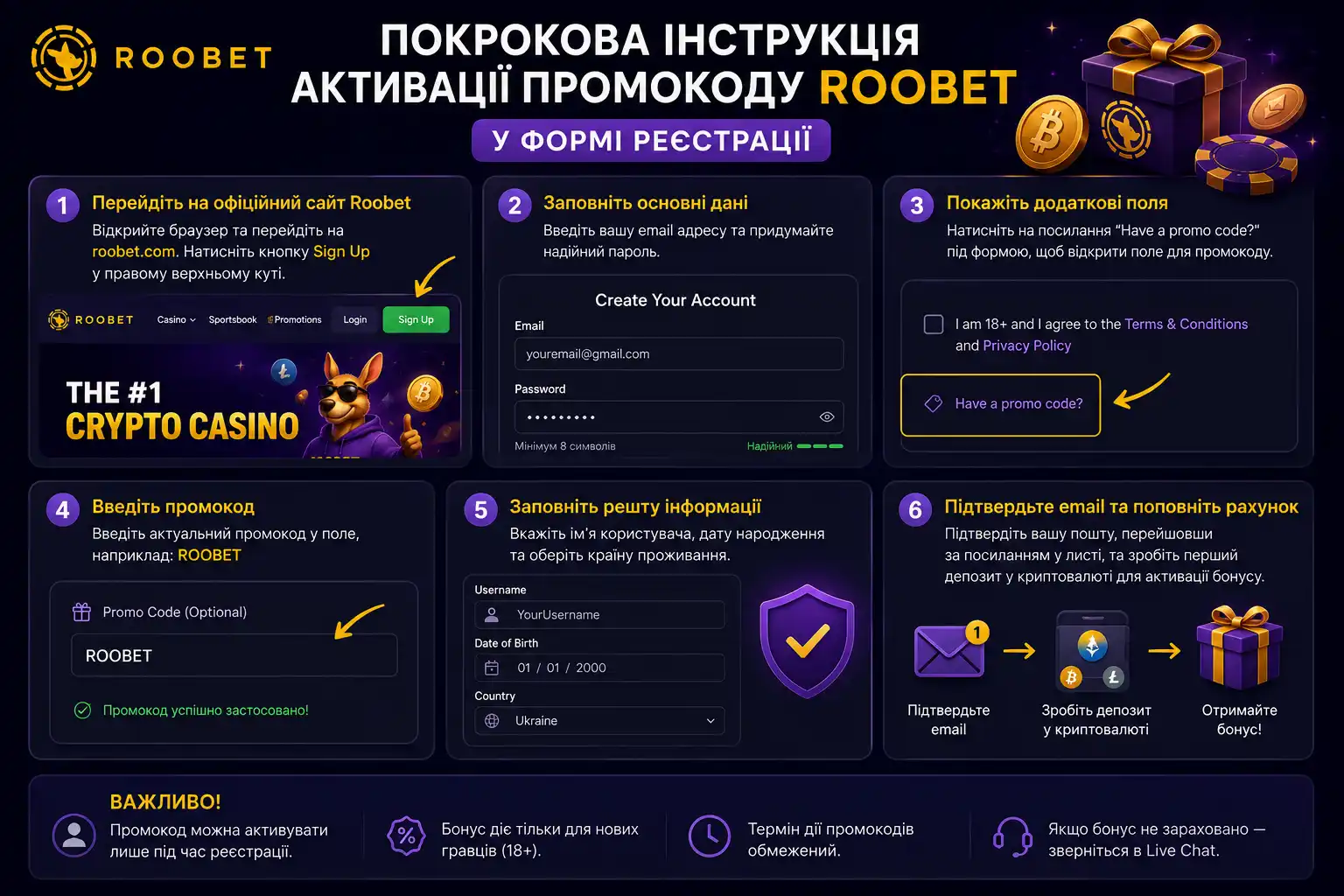 Покрокова інструкція активації промокоду Roobet у формі реєстрації